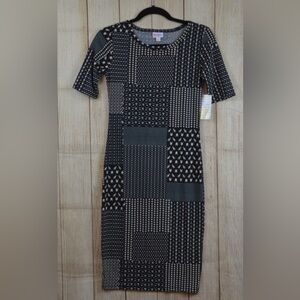 LuLaRoe Julia Black and Cream Patchwork Midi Dress